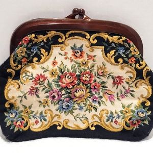 Vintage purse clutch bag LA Regale Ltd needlepoint look lucite handle kiss lock